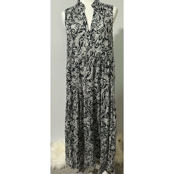 Anthropologie Maeve Marya Tiered black white ruffle shift dress pocket maxi dres - Picture 11 of 14